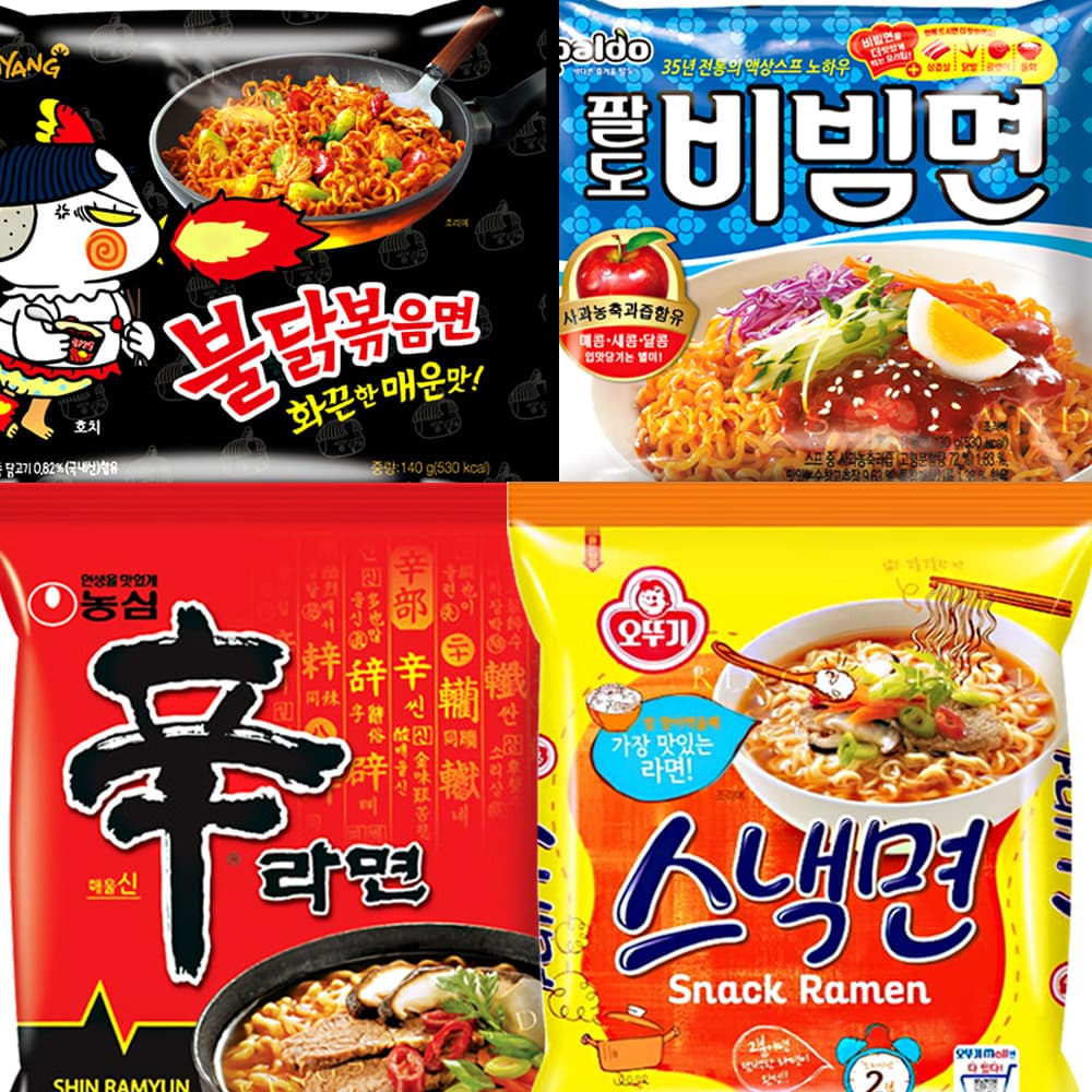 봉지 신라면120g + 불닭볶음면140g + 스낵면108g + 팔도비빔면130g