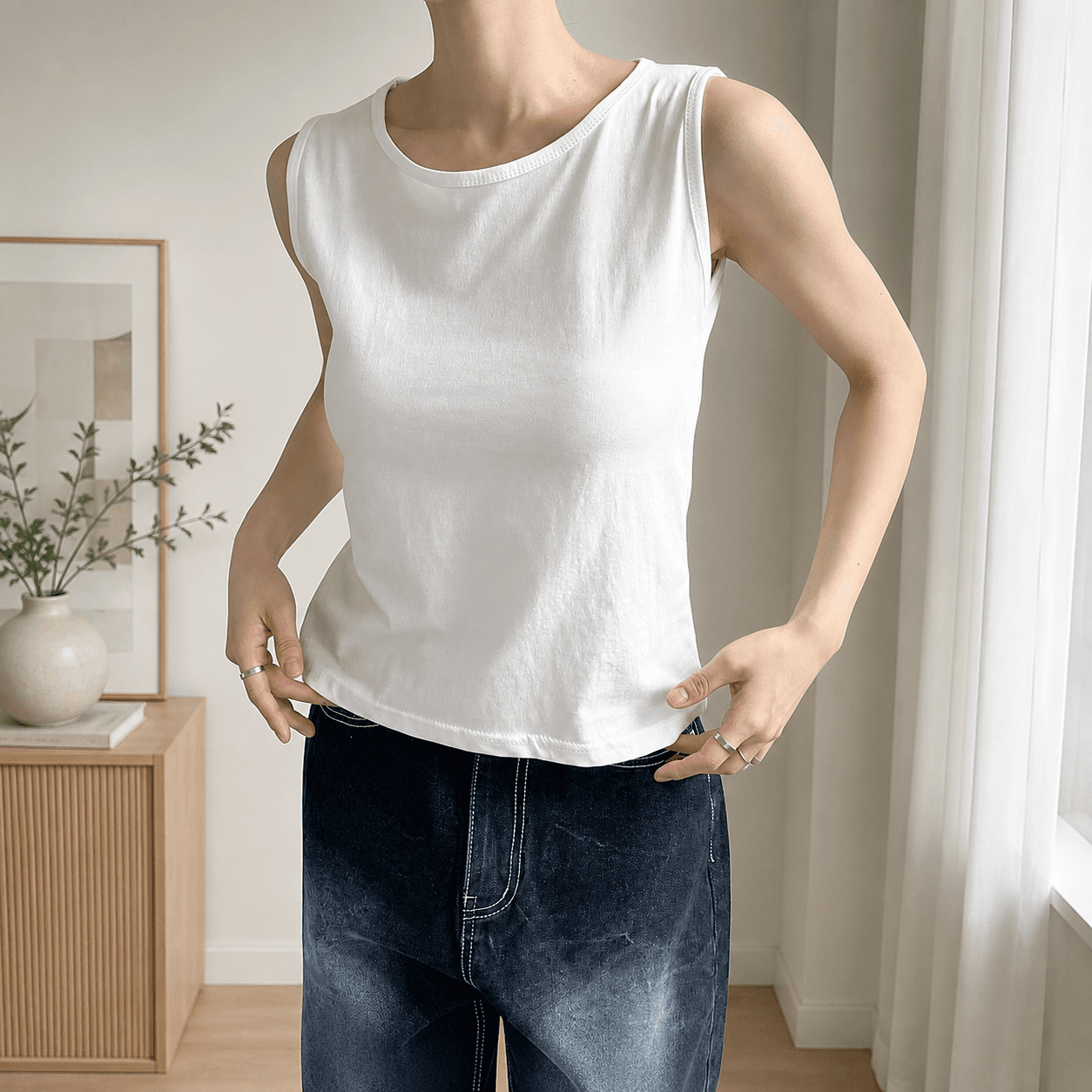 여름 라운드 면 민소매 나시티 레이어드 이너 흰색 회색 검정 실켓티셔츠